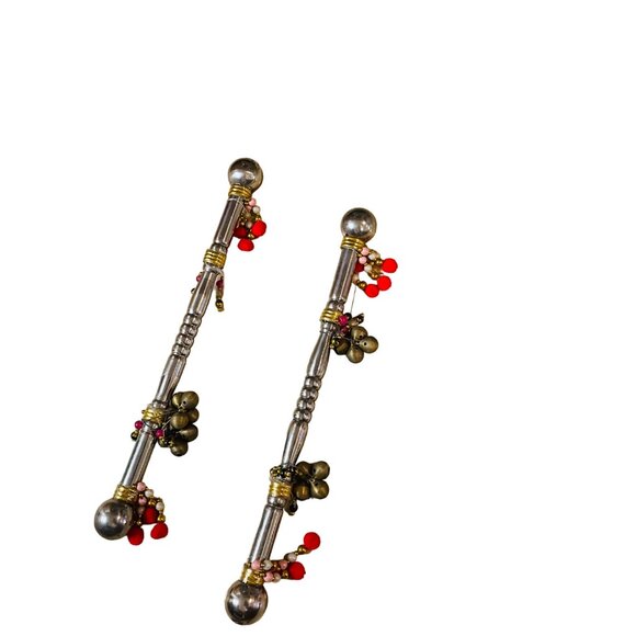 Antique Indian Silver Plated Brass Handcrafted Pair Of Dandiya Sticks With Bells - Picture 5 of 9